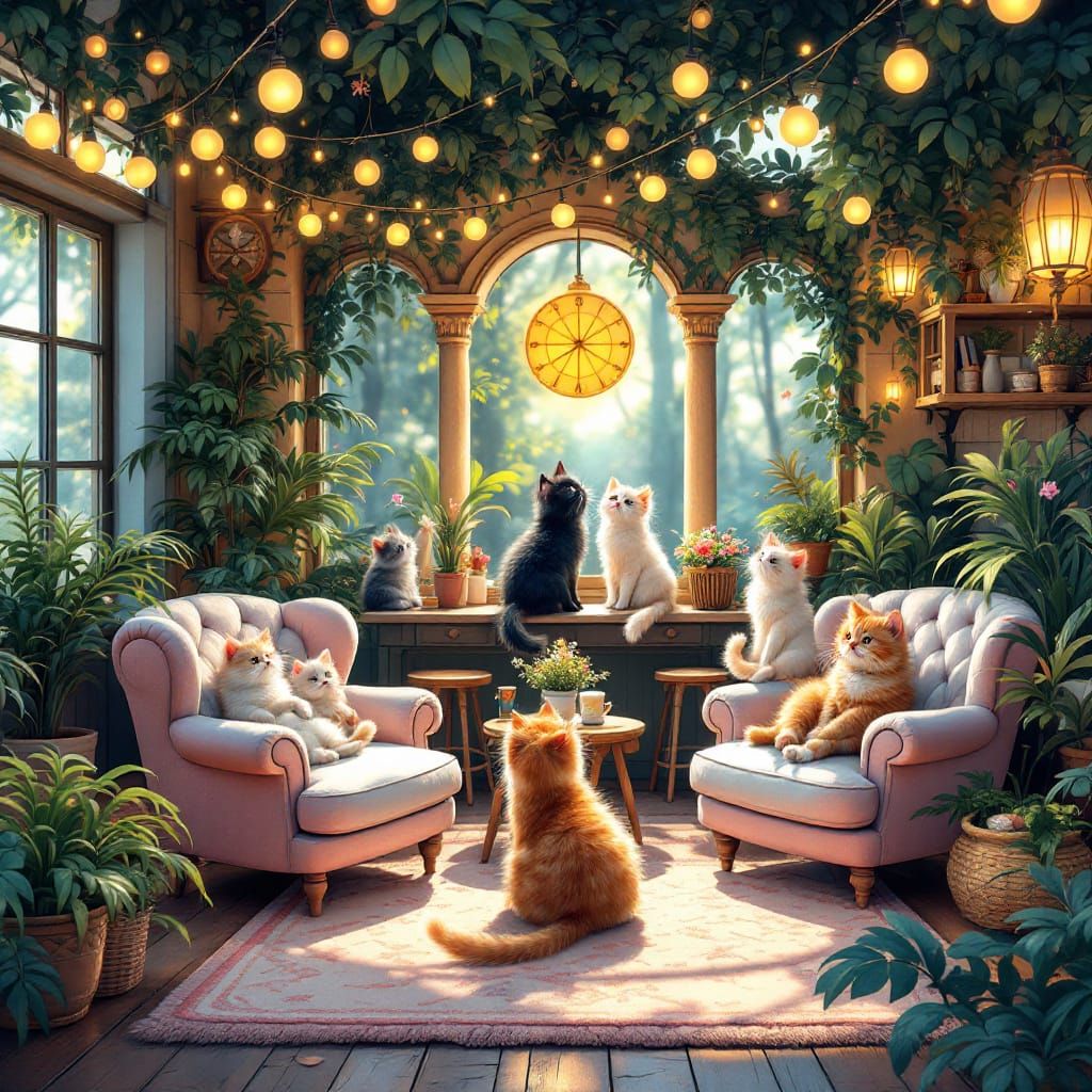 Whimsical Cat Cafe Sanctuary Inspired by Miyazaki