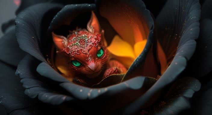 Whimsical Fantasy Baby Dragon Emerging from Black Rose