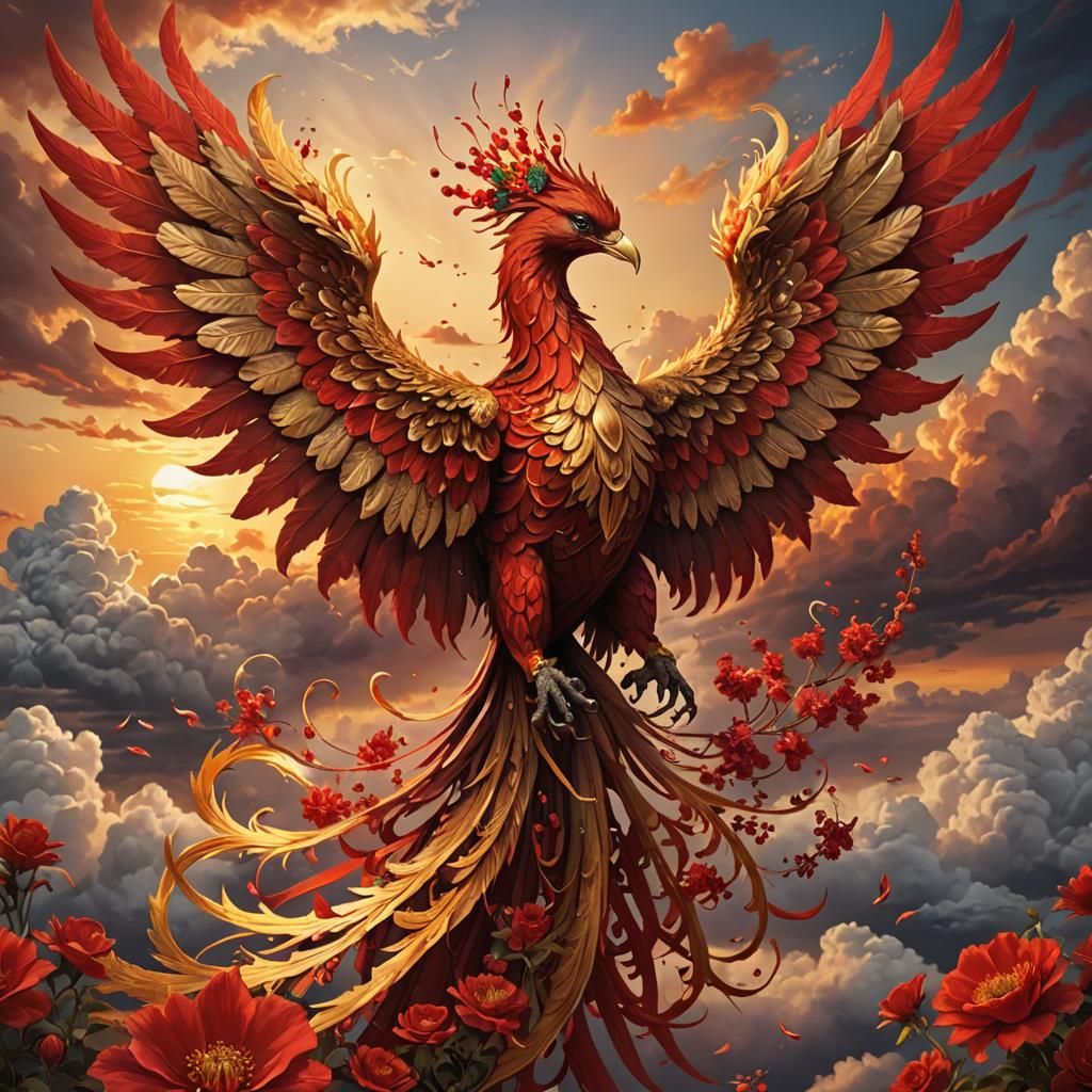Mythical Phoenix with Crystalline Wings in Sunset Sky