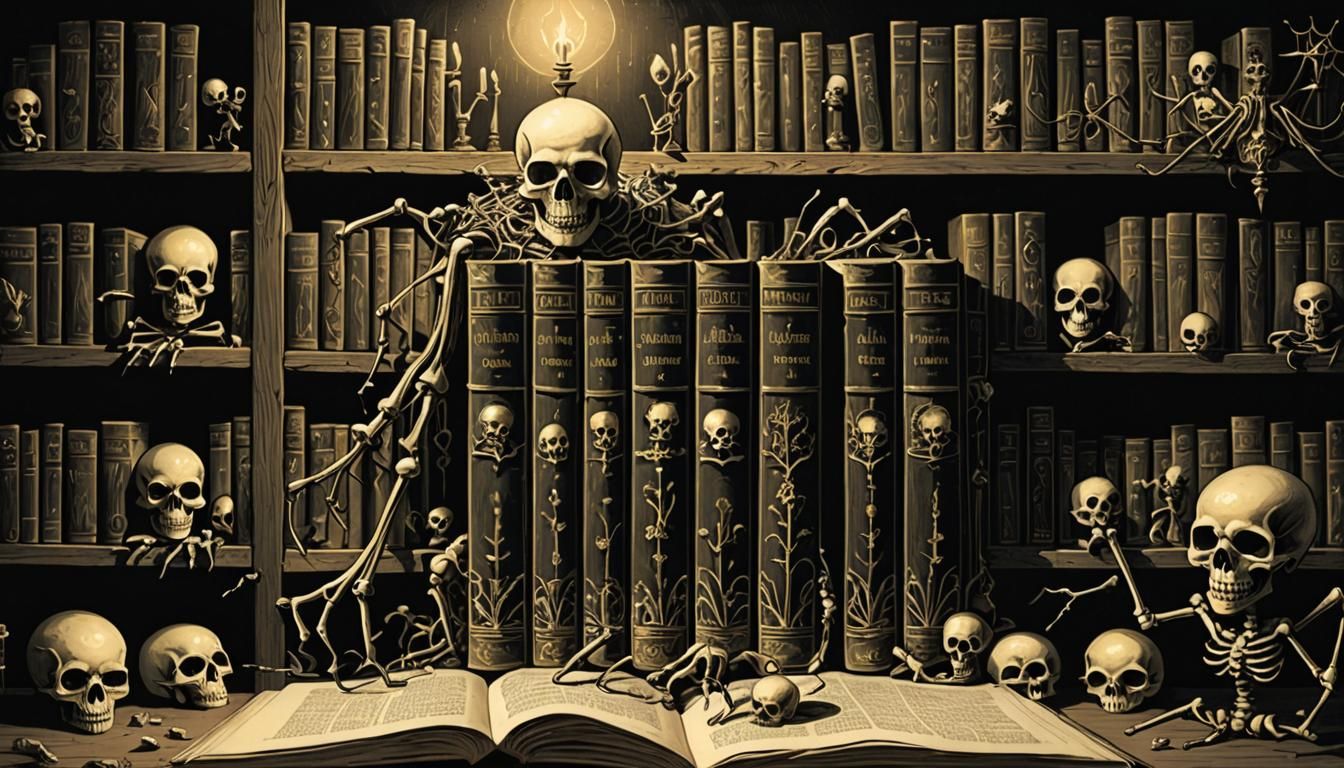 Spooky Bookshelf Cartoon in Macabre Addams Style