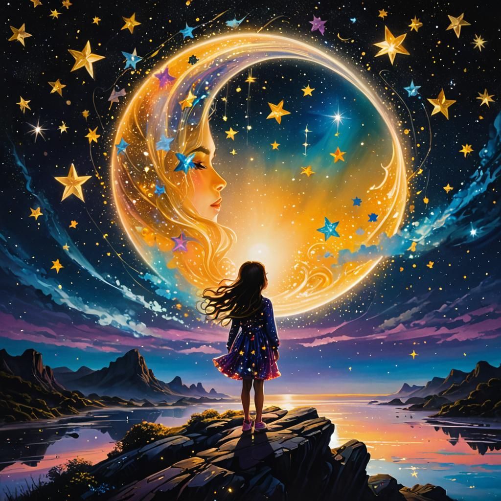 Celestial Dream: Girl Gazing at Shooting Star