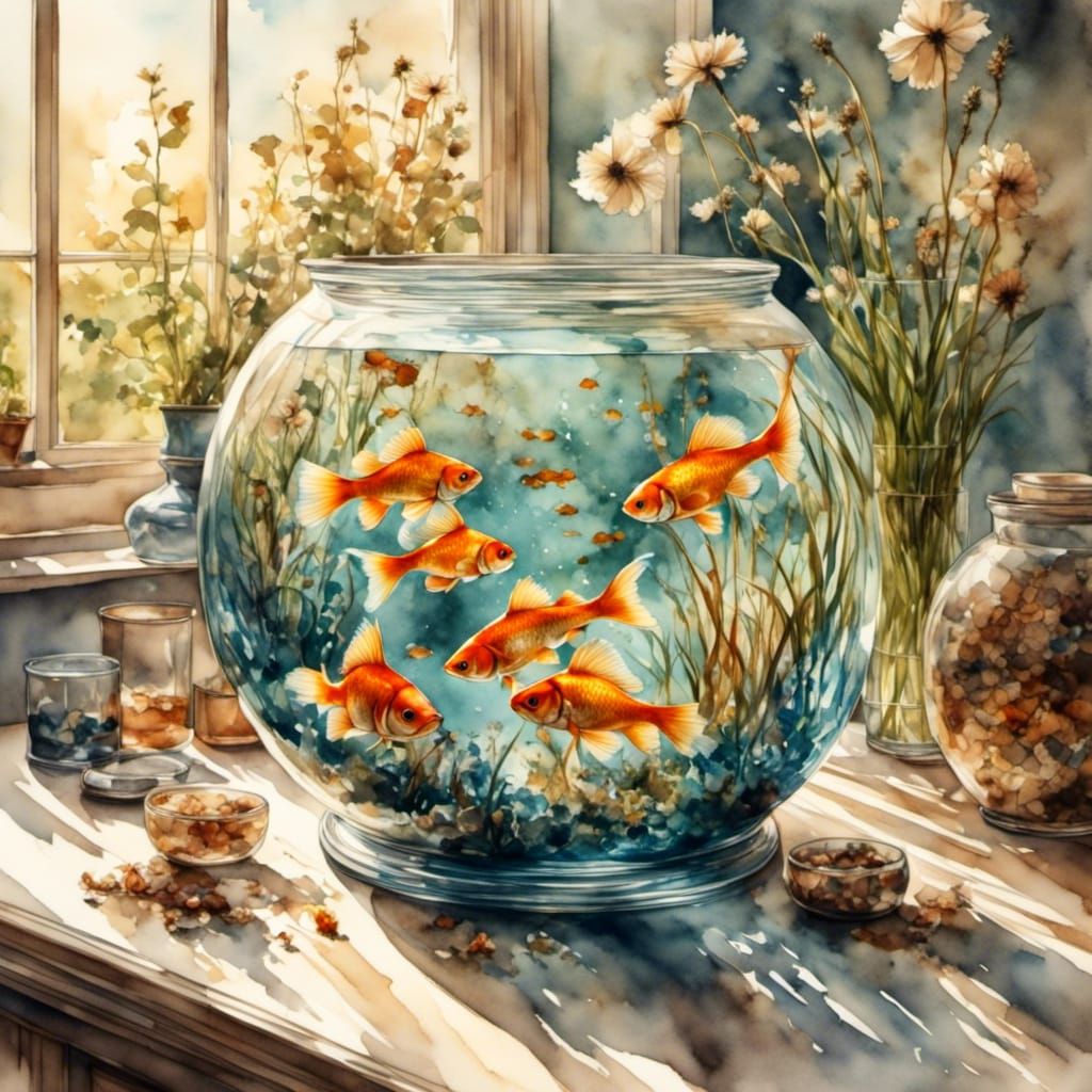 Goldfish in Bowl Bathed in Morning Sunlight, Watercolor Styl...
