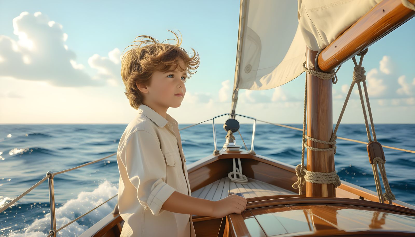 Boy on Sailboat Gazing at Sea, Photorealistic Image