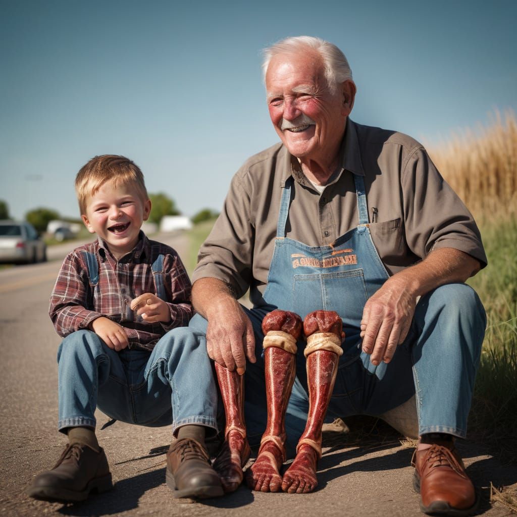 Prompt: "Grandpa Sharing BBQ Chicken Legs With Grandson"...those aren't chicken legs!