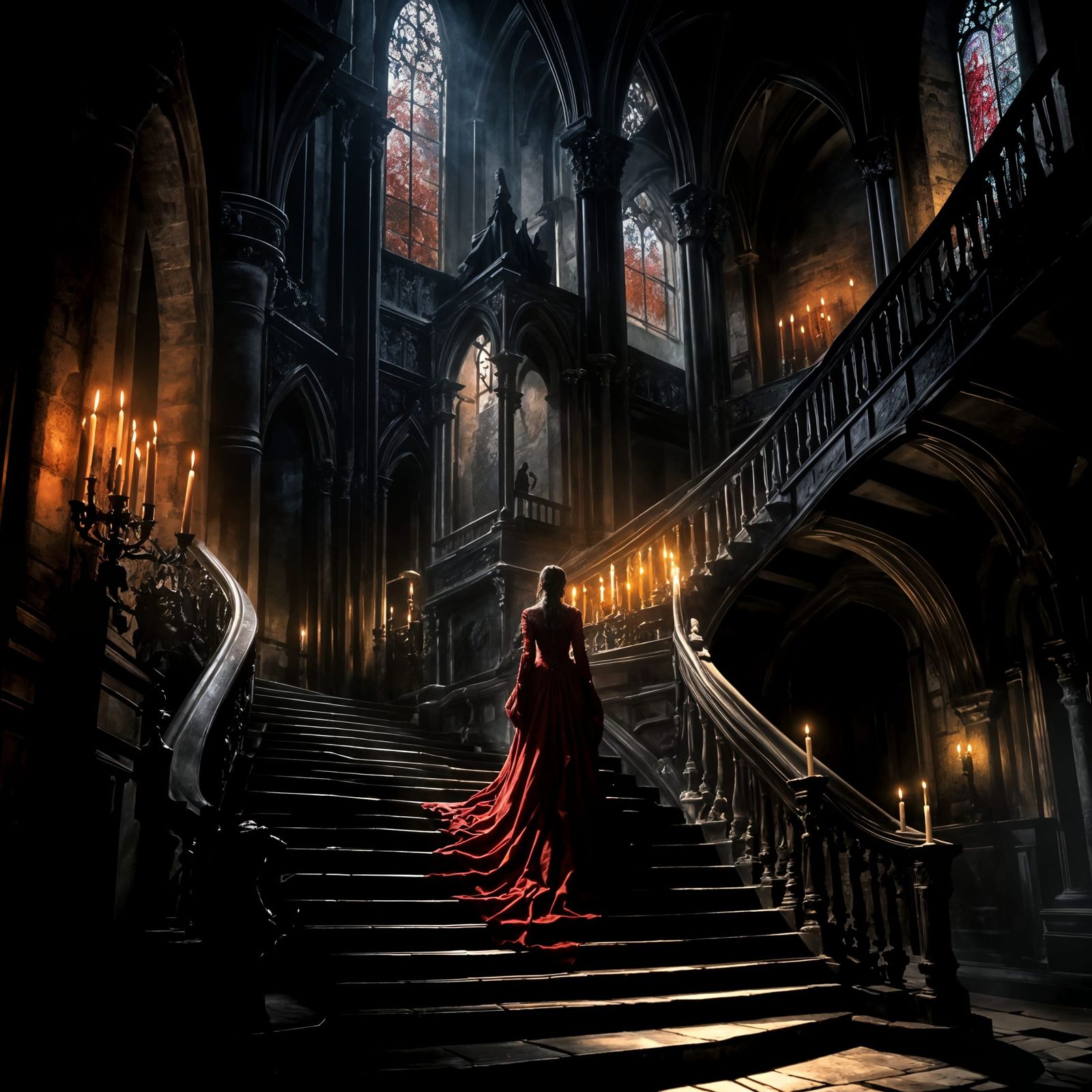 Mysterious Woman Ascending Gothic Staircase