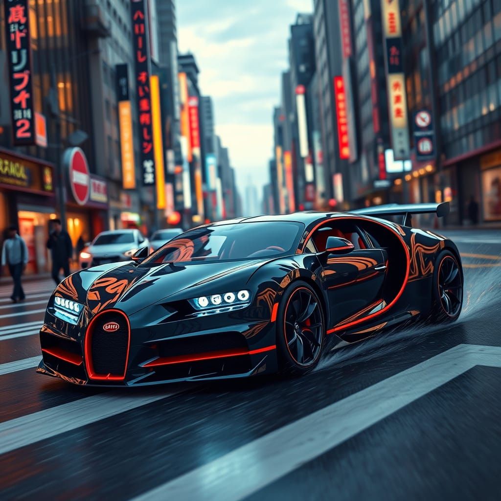 Ethereal Tokyo Streets in a Matte Painting of the BUGATTI Ve...