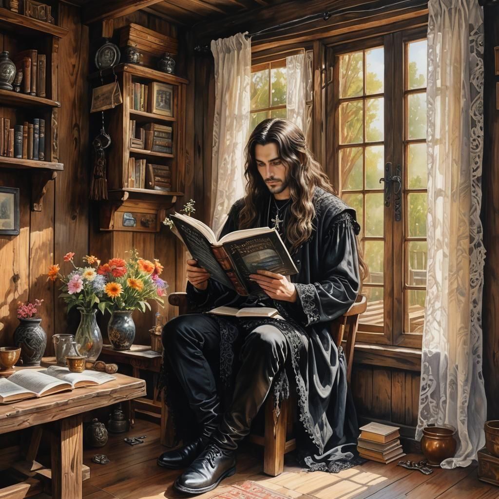 Cozy Goth Metalhead Reading Book in Watercolor