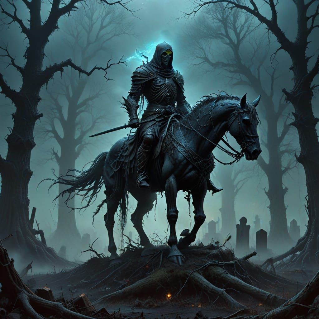Spectral Knight on Skeletal Steed in Gothic Graveyard