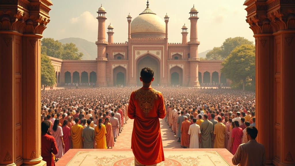 Regal Young Leader Addressing Grand Audience in Palace Court...