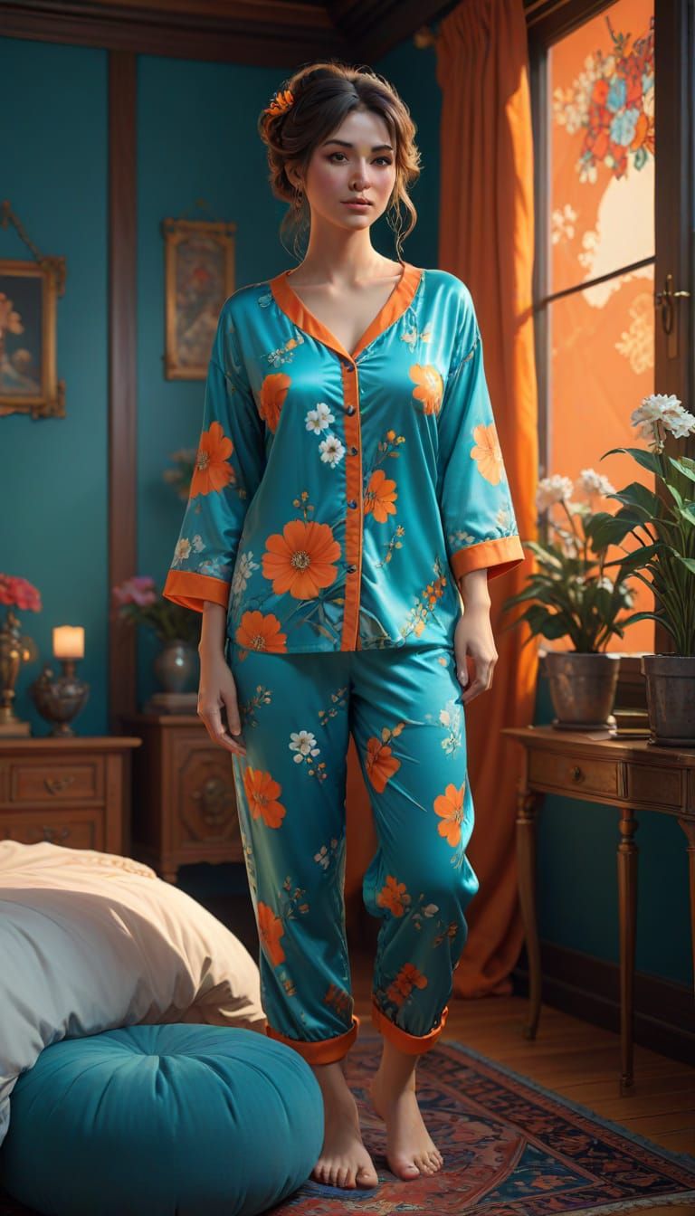 Woman in Sanrio Inspired Pajamas with Floral Print