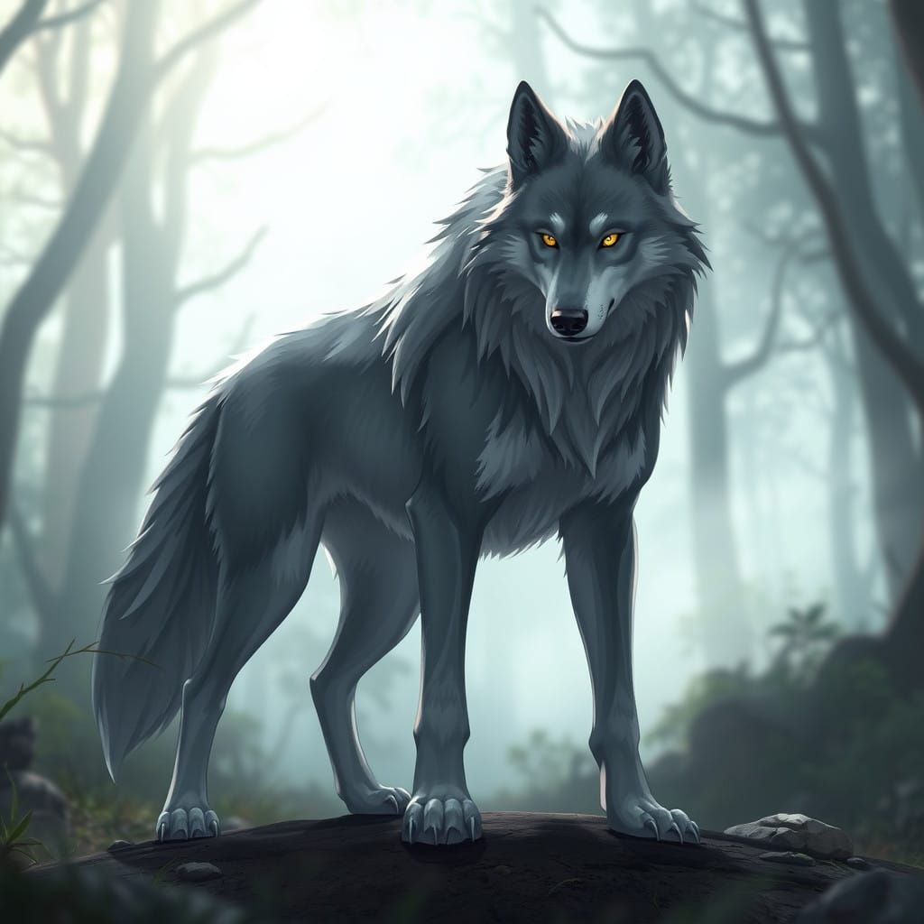 Majestic Anime-Inspired Wolf Portrait in Mystical Forest Sce...