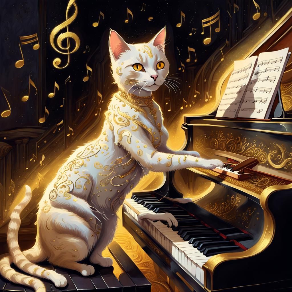 Ethereal Feline Muse Plays Piano in Golden Music Hall