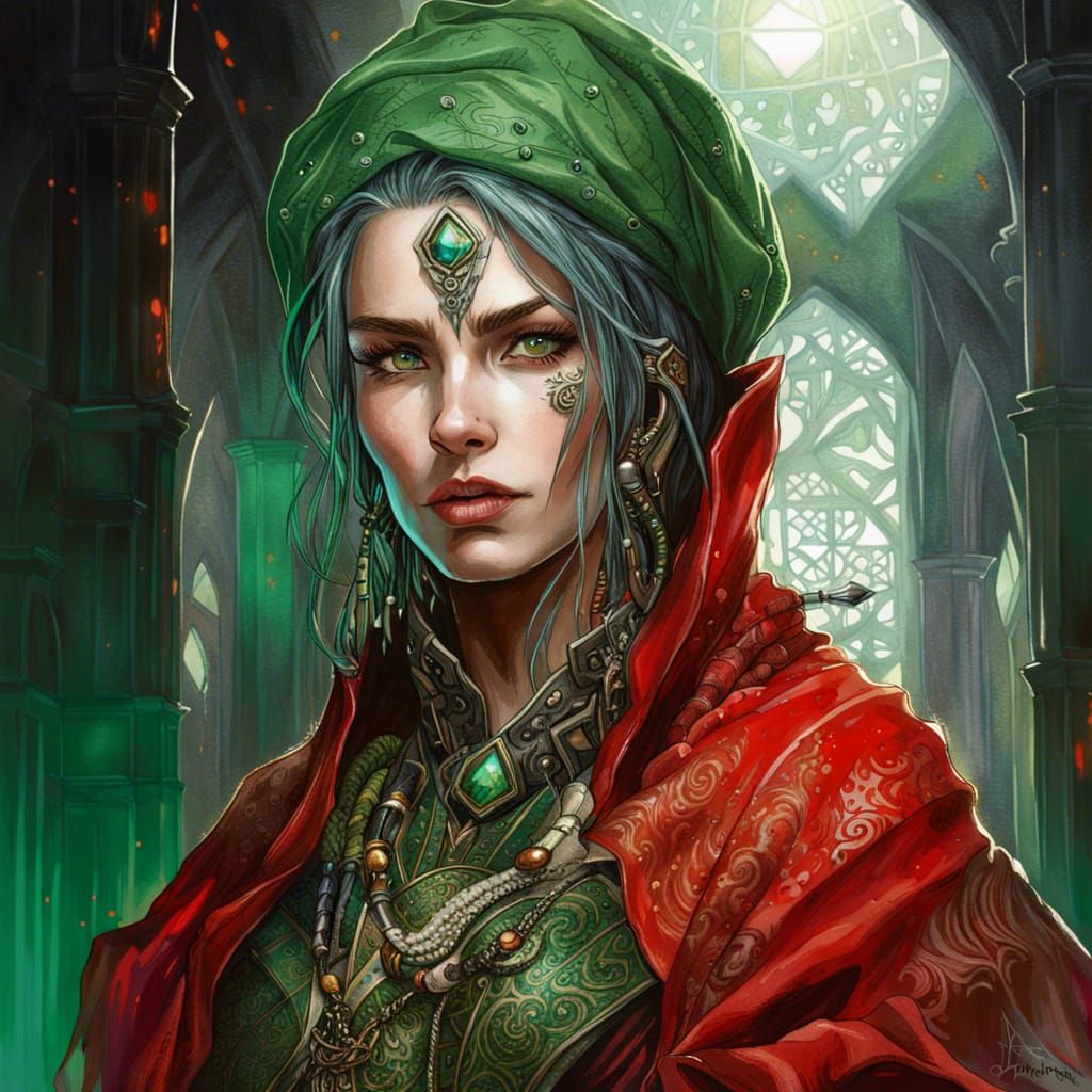 Ornate Portrait of an Orcish Mage in Fantasy City
