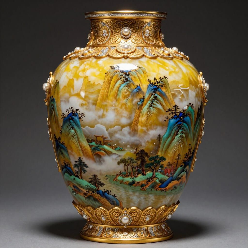 Ornate Gold Chinese Vase with Mountain Enamel Art