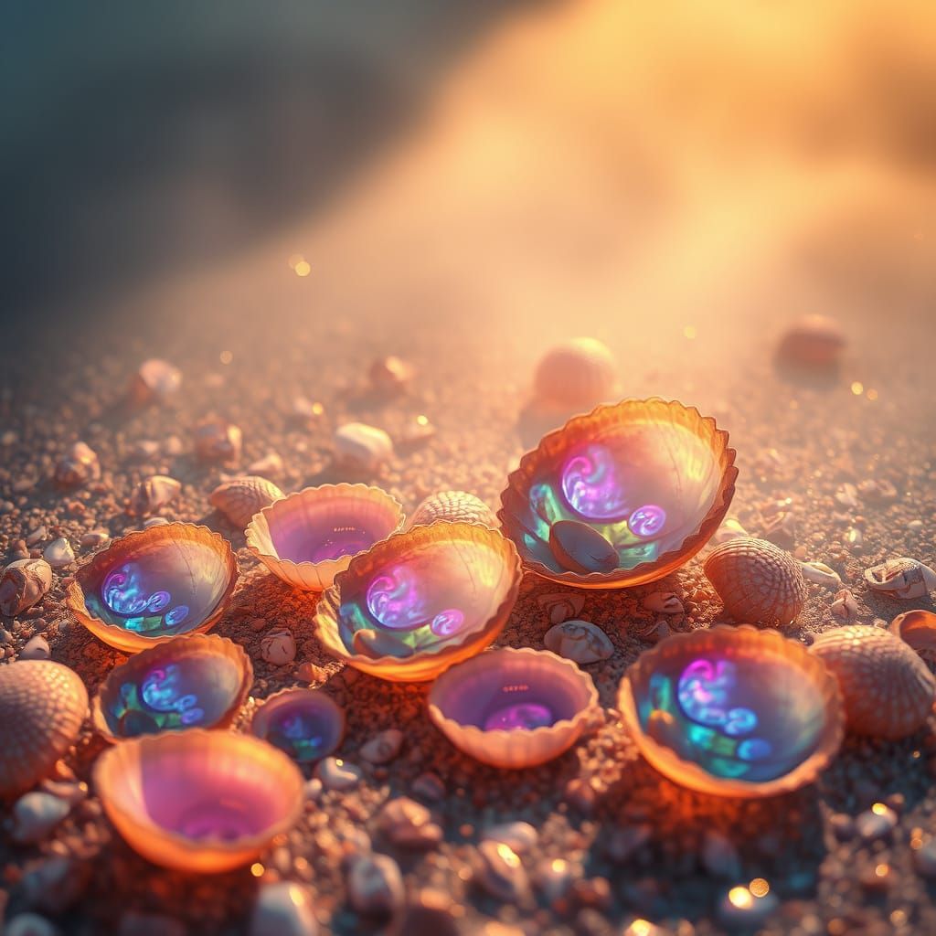 Iridescent Sea Shells in Dreamy Coastal Scene