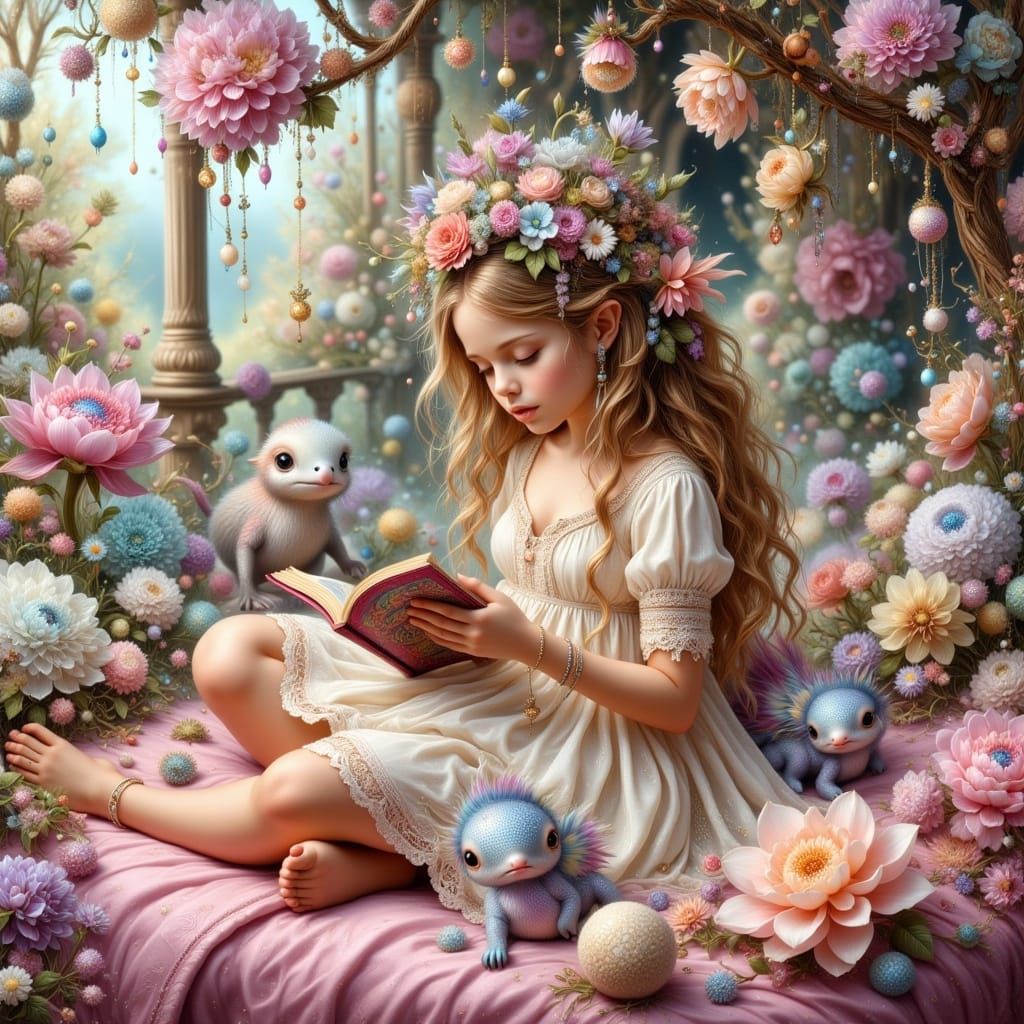 Girl Reading with Dragons, Hyperrealistic Surrealism