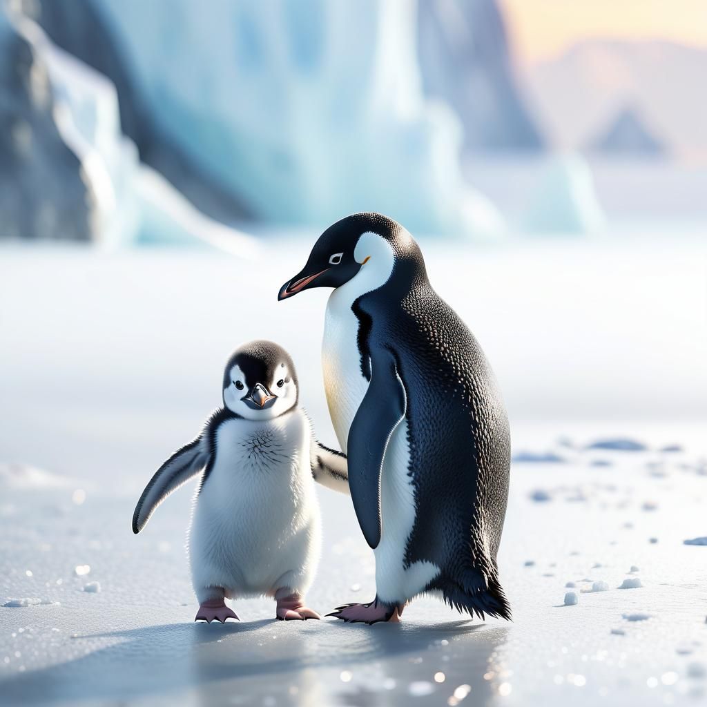 Penguin Family Reunion on Antarctica in Watercolor Style