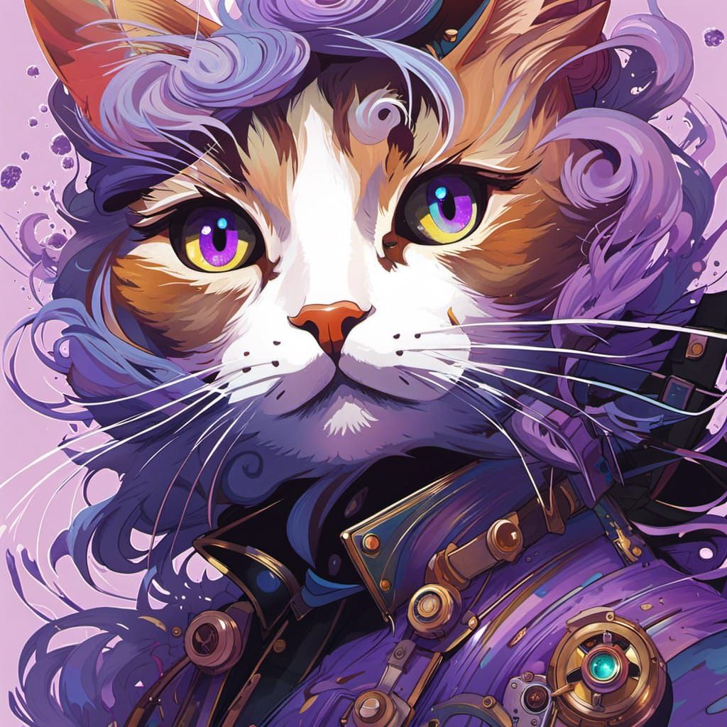 Steampunk Cat Portrait in Watercolor Style