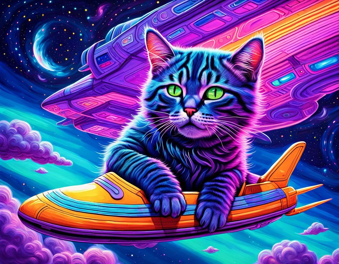 Alien Cat Refuels Spaceship: Cosmic Mixed Media Art