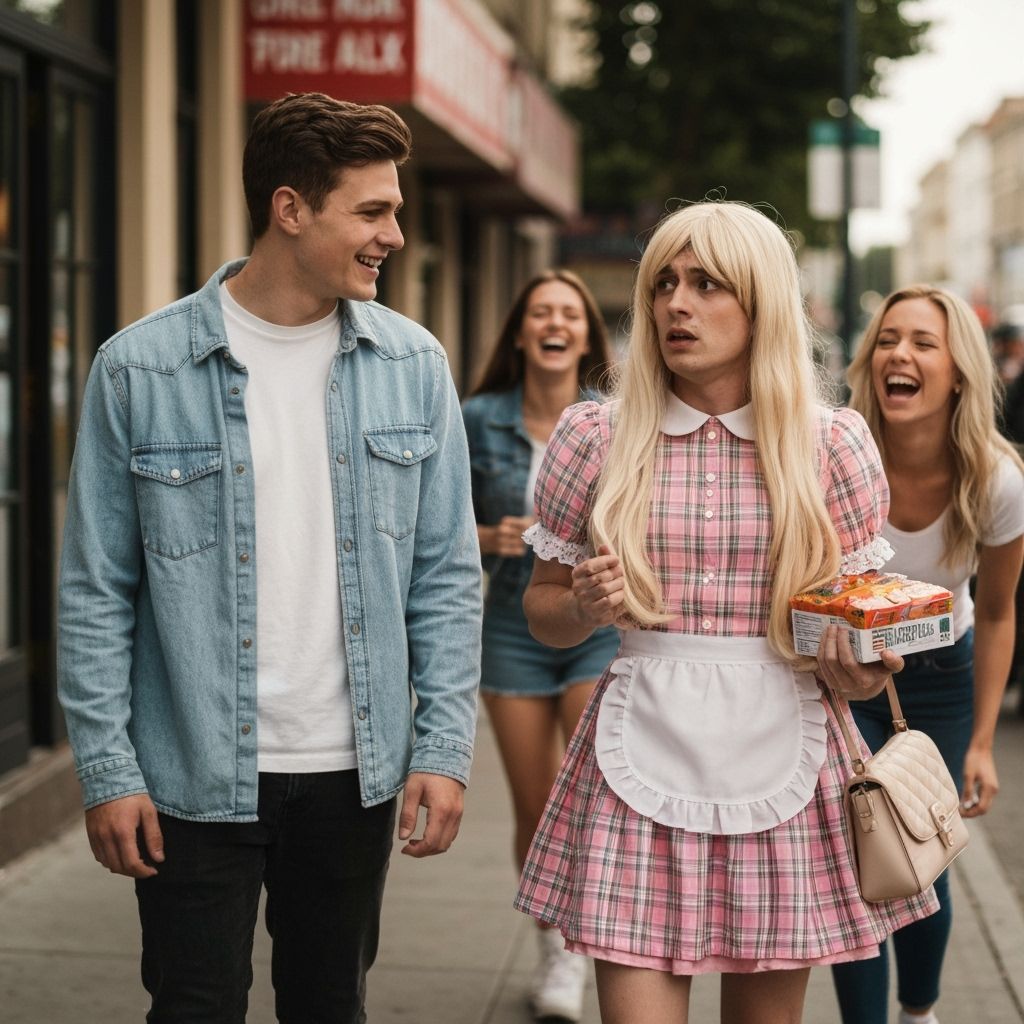 Crossdressing Man with Shopping Bags, Cinematic Film Still