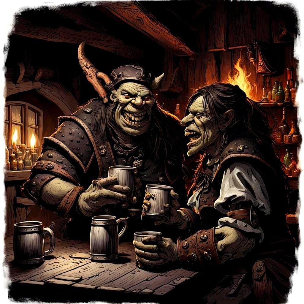 Orks in a medieval tavern drinking and telling tales, roaring fire in the fireplace, ork barmaid