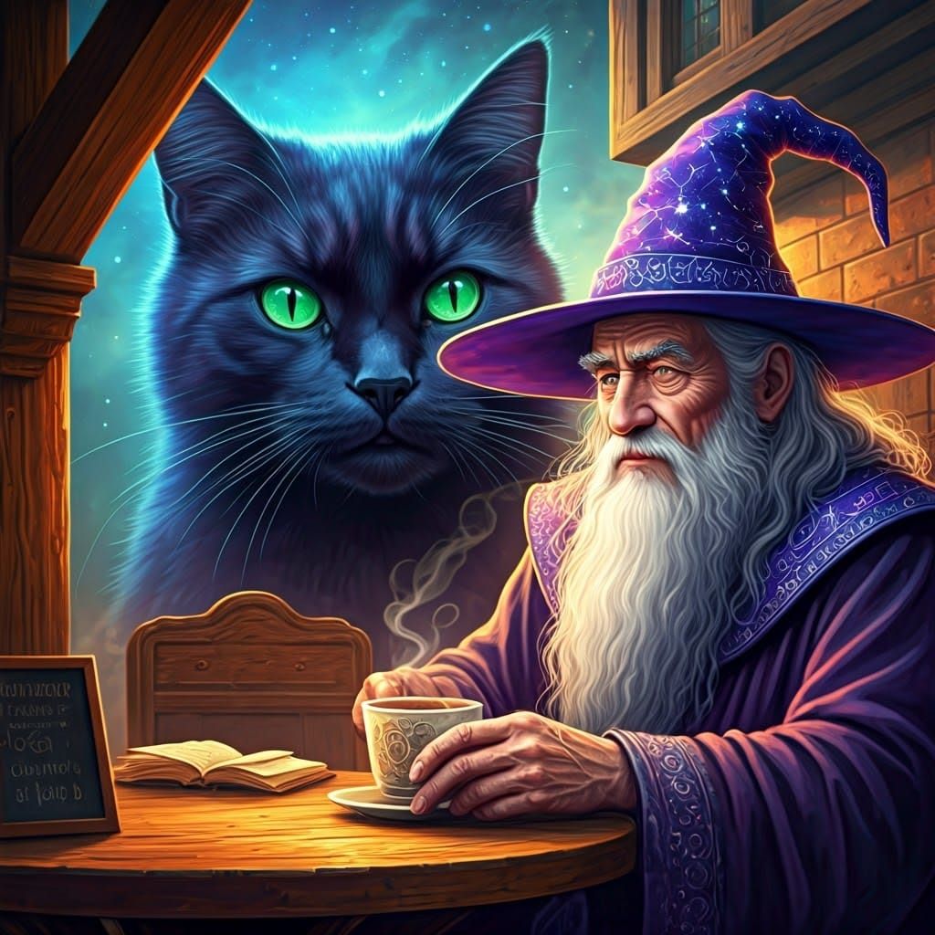 Majestic Black Cat Watches Over Wise Wizard in Vibrant Fanta...