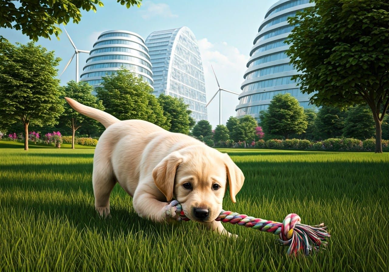 Golden Lab Puppy Plays in Futuristic Eco-City