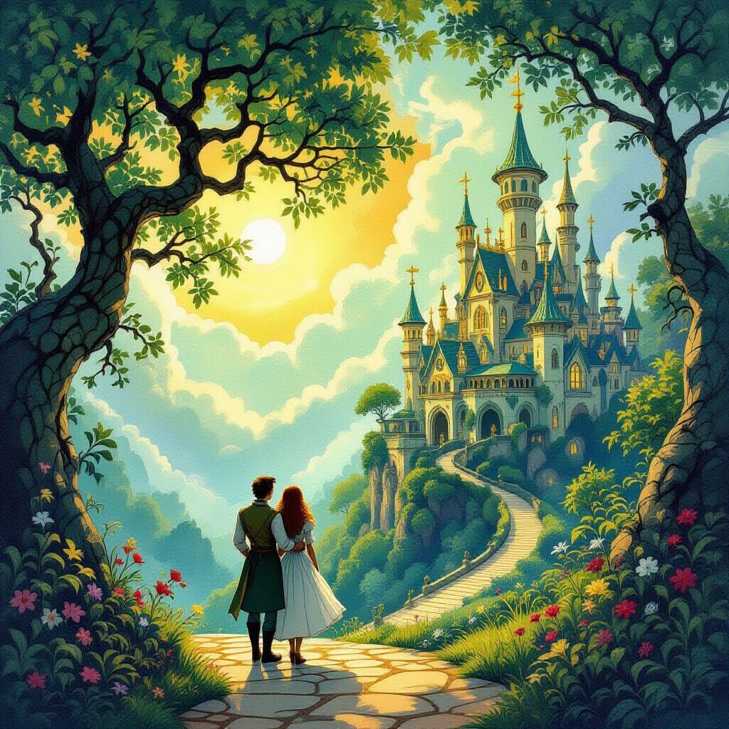 Man and Woman in Fantastical Oz Gouache Painting