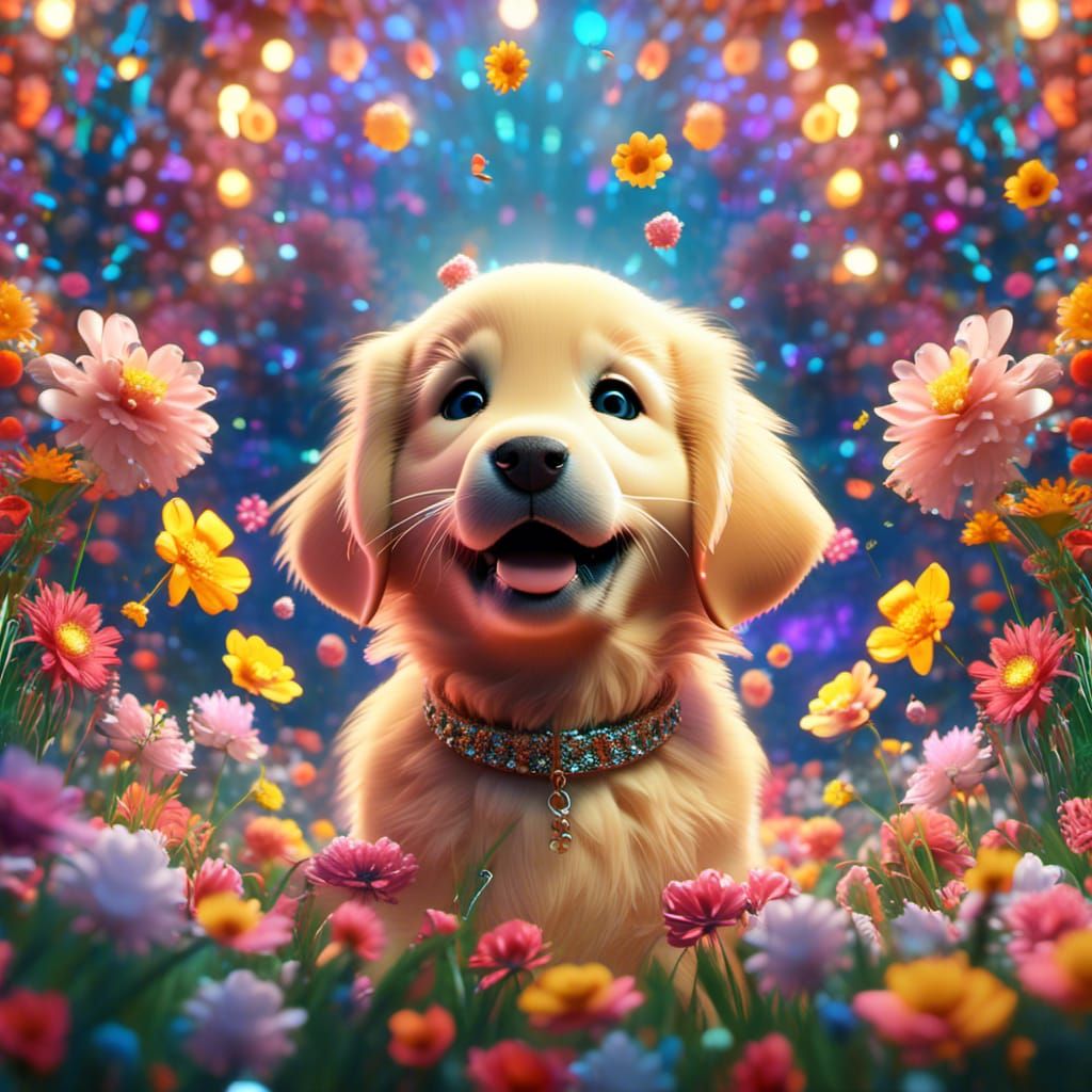 Golden Retriever Puppy in Flower Garden: 3D Digital Art
