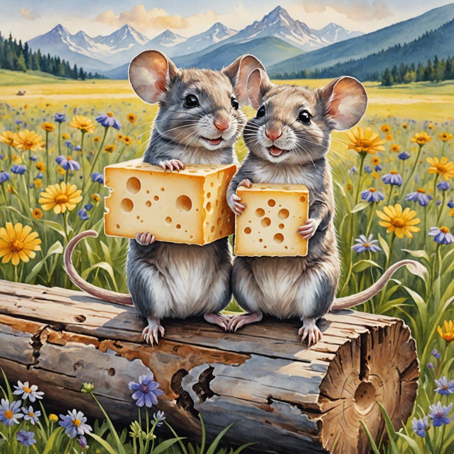 Happy Mice Share Cheese in Watercolor Wildflower Field
