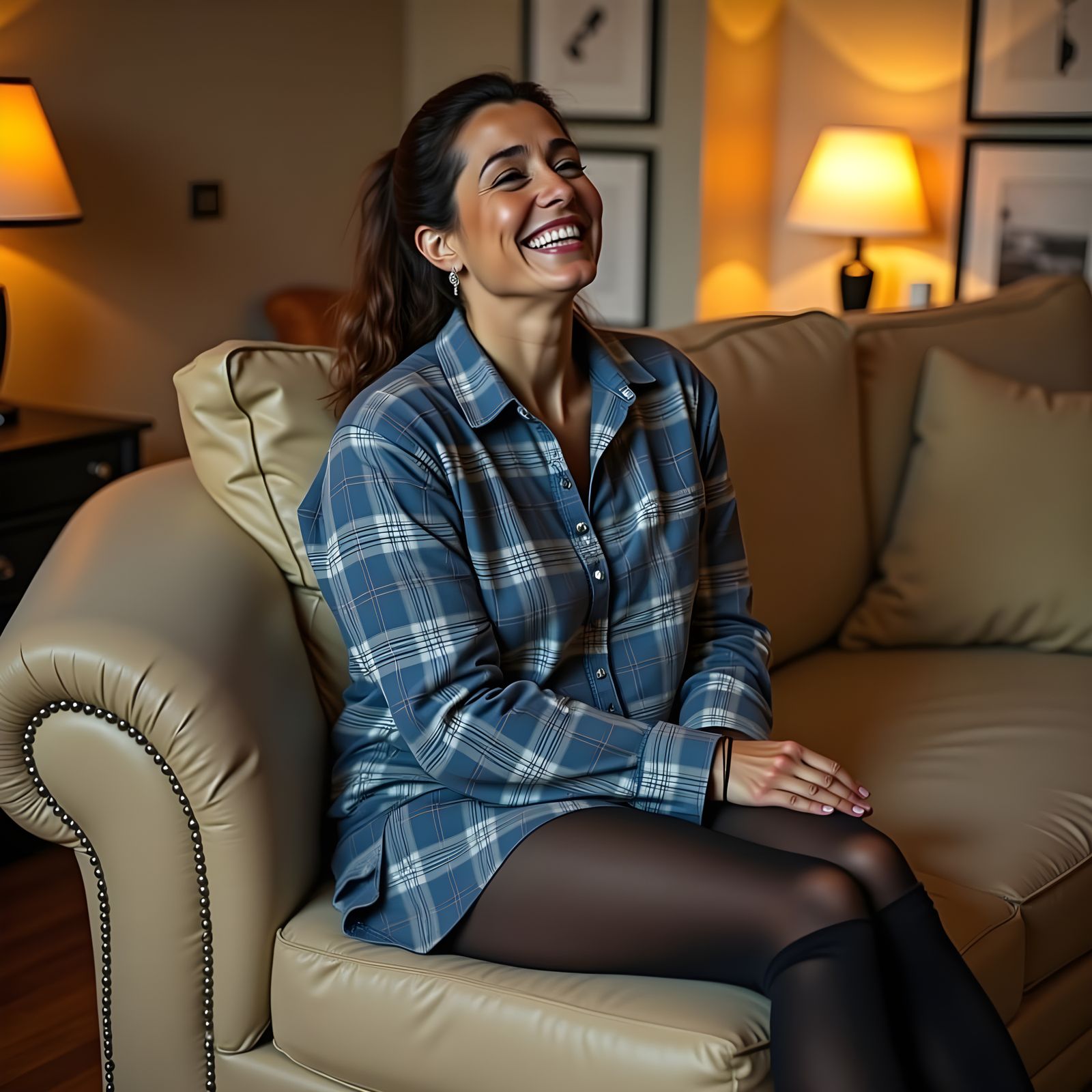 Laughing Woman in Plaid Shirt on Sofa