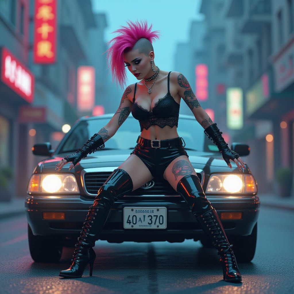 Sci-Fi Punk Woman Destroys Car Windshield