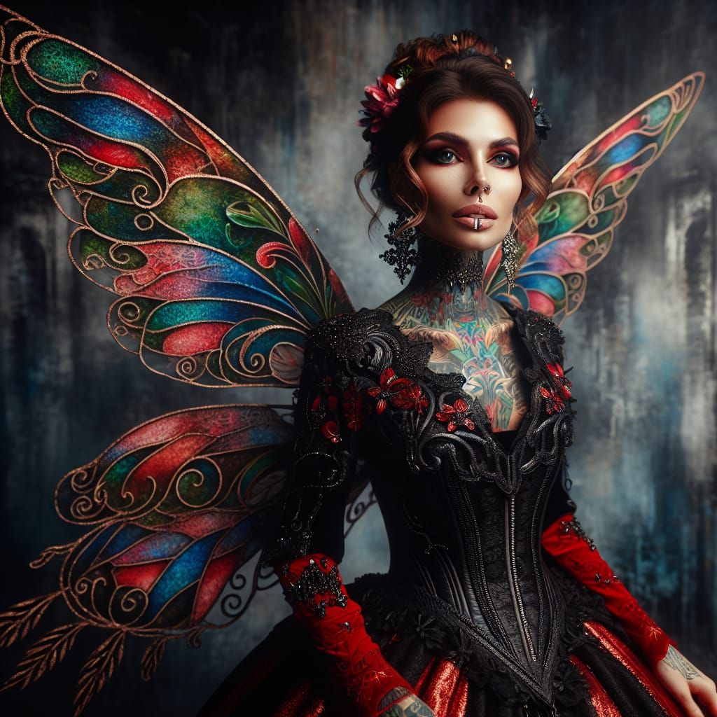 Elegant Gothic Goddess with Vibrant Fairy Wings