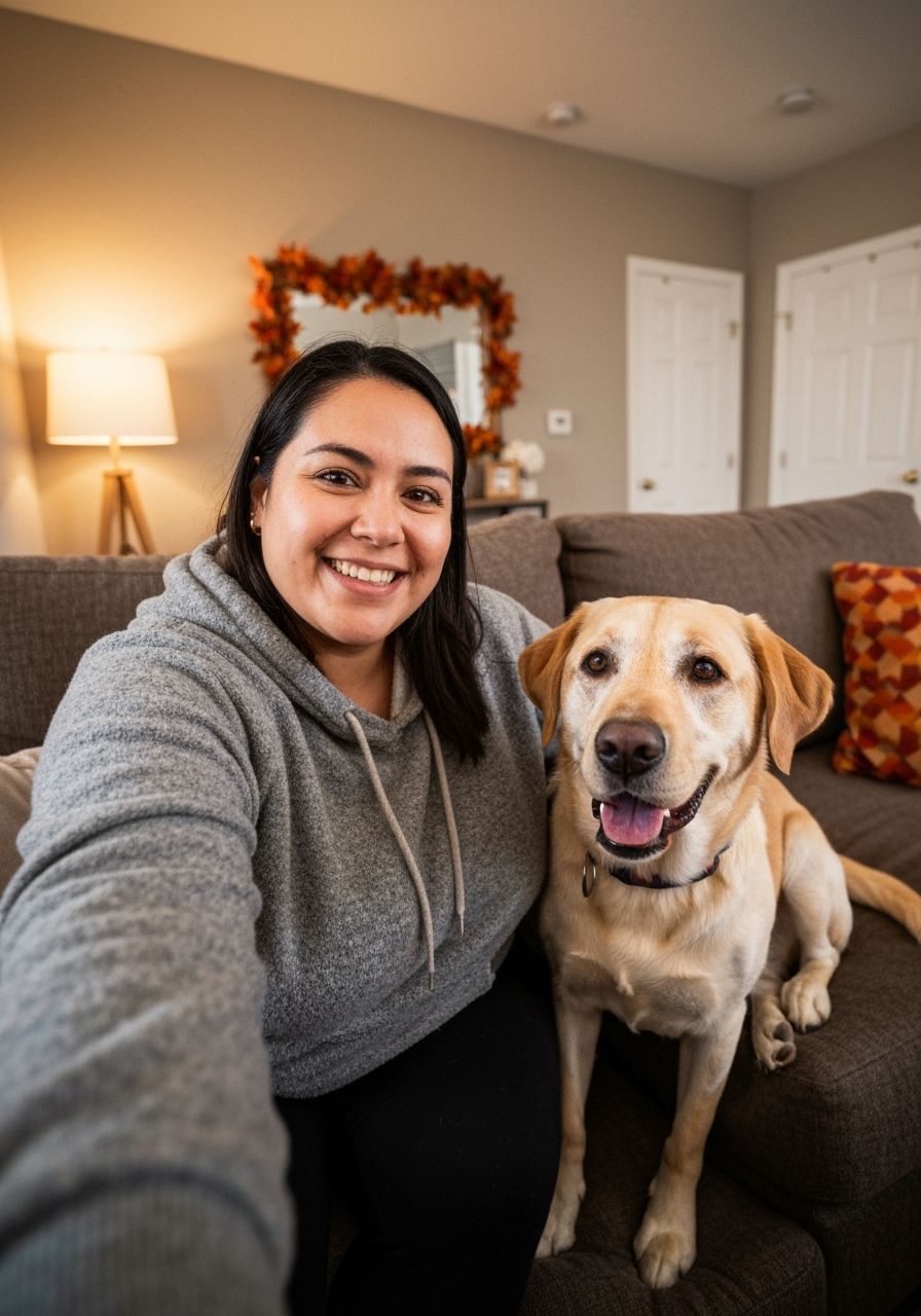 Plus-Size Mexican-American Woman with Labrador on Couch