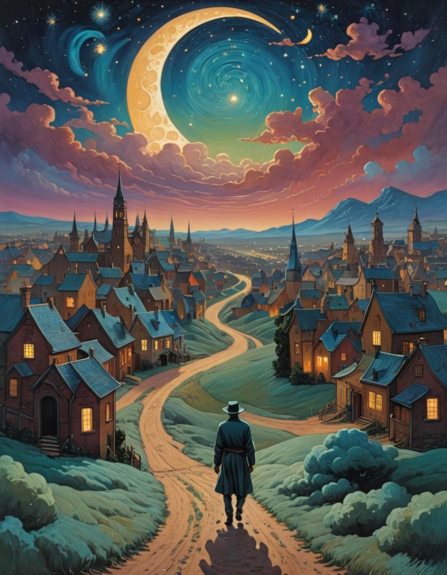 Moebius-Inspired Surrealism: Dreamlike Town Under Starry Sky