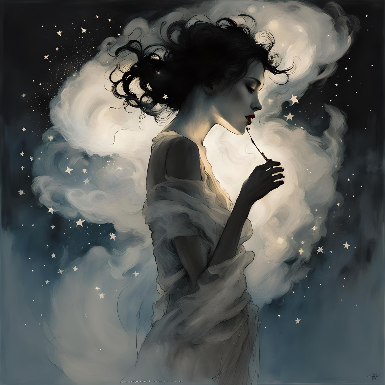 Ethereal Smoke Woman Illuminated by Starlight