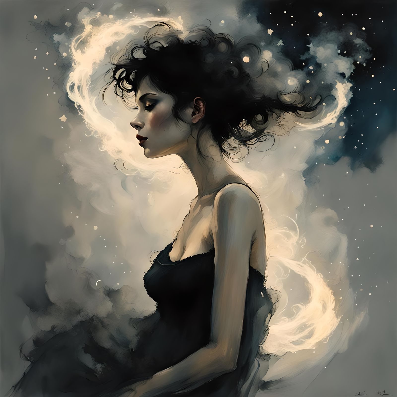 Ethereal Smoke Woman in Starry Night