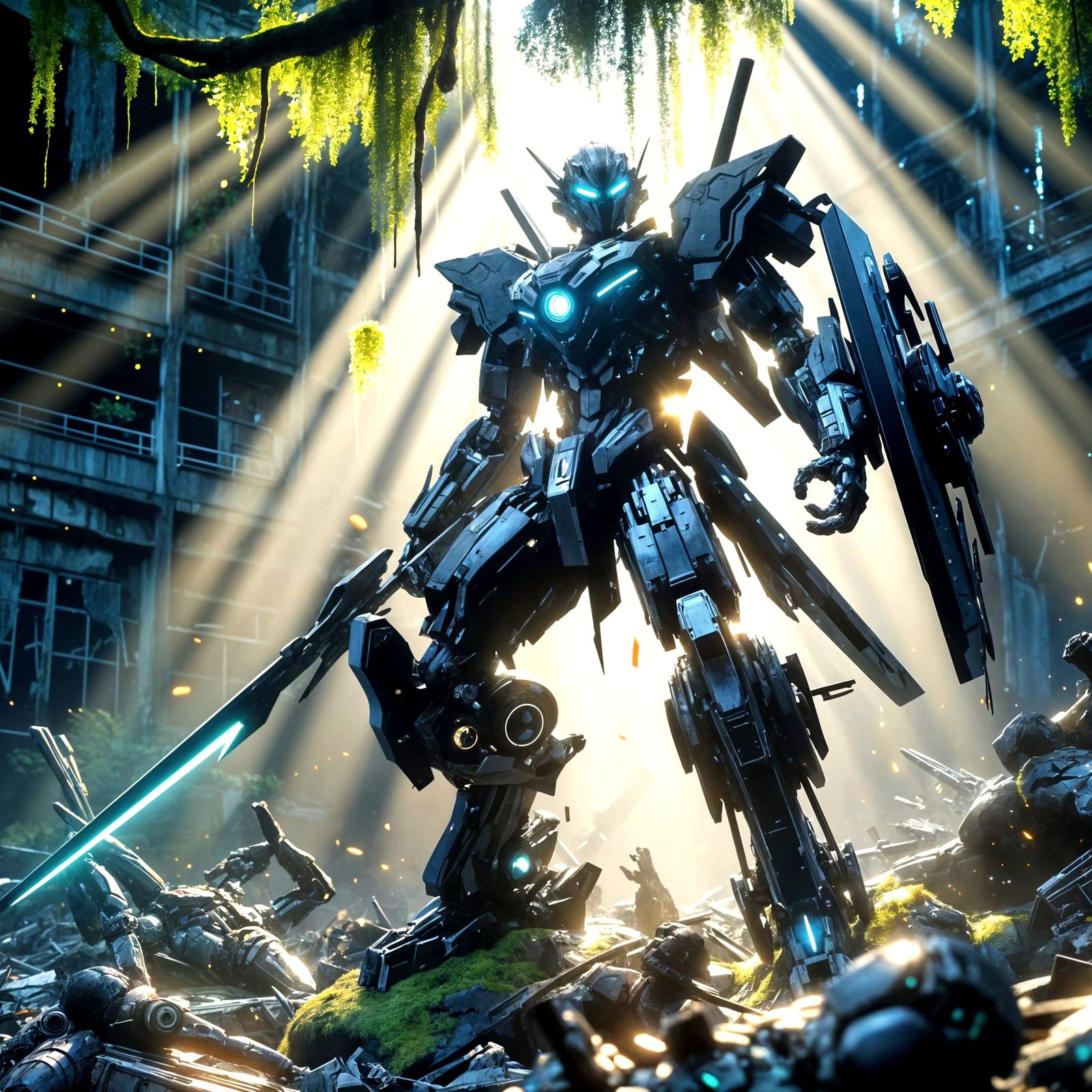 Cyberpunk Mecha Warrior Triumphs in Ruined Metropolis