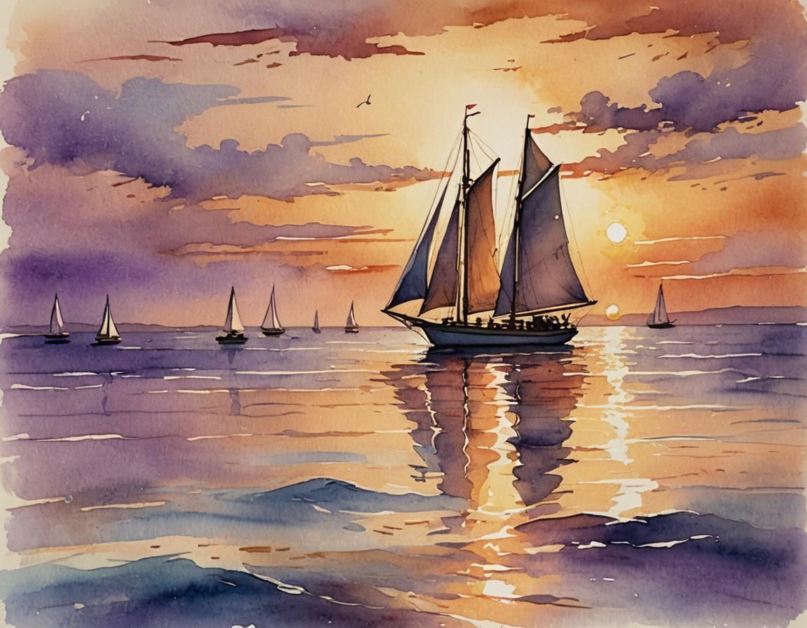 Sailboat at Sunset in Dreamy Watercolor Style