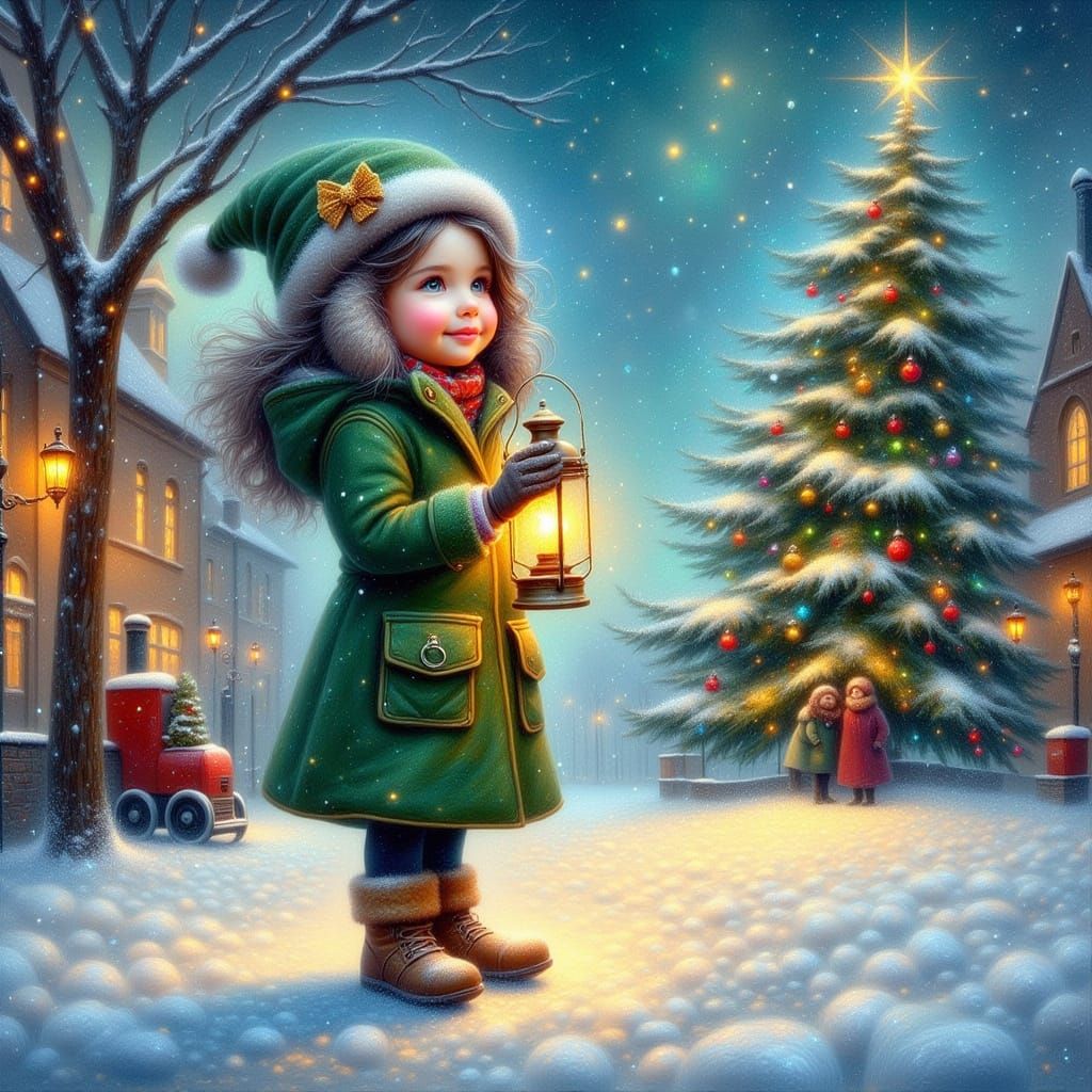 Girl with Lantern Gazes at Twinkling Christmas Tree