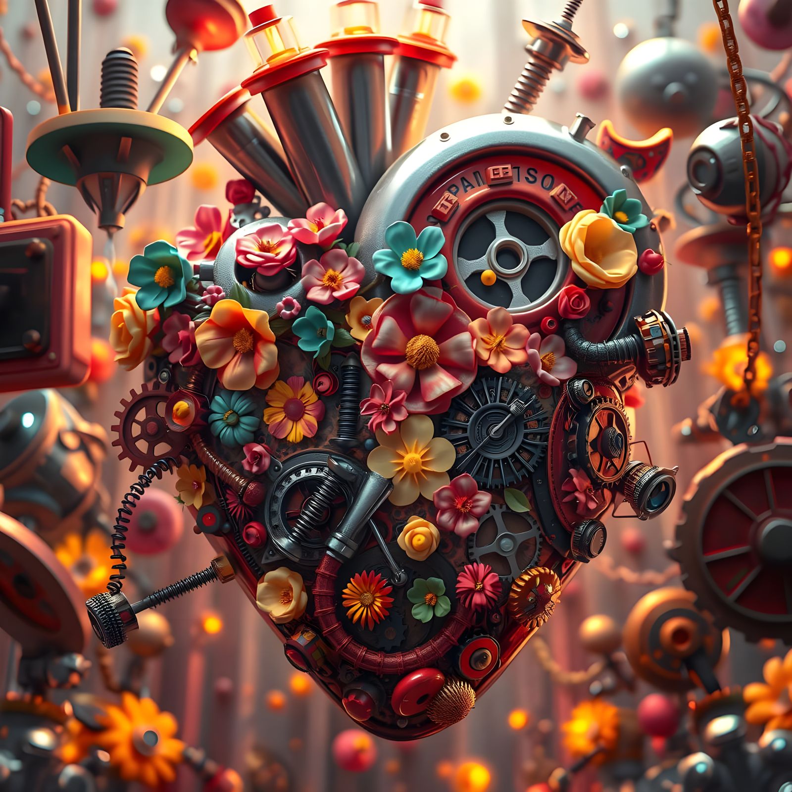 Steampunk Heart Blooms with Intricate Details and Vibrant Co...