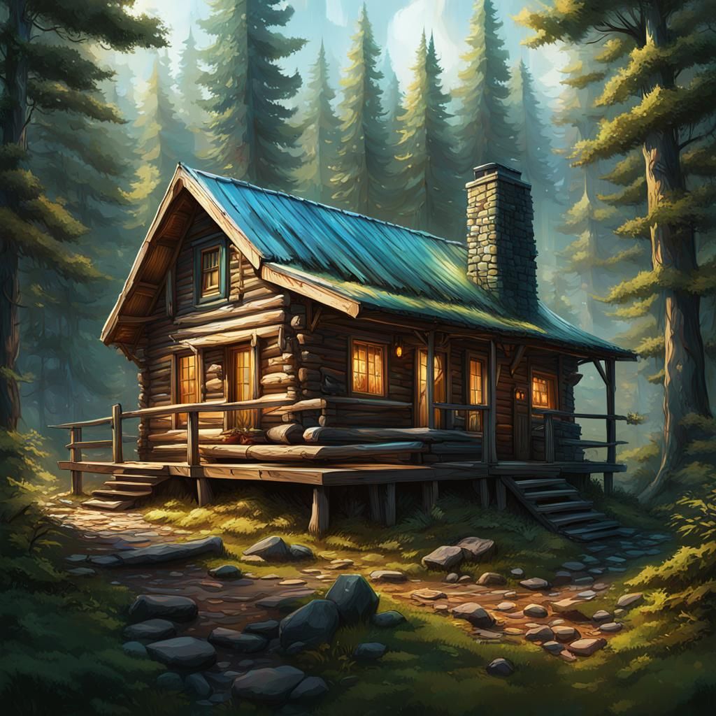Hyperrealistic Cabin in Primordial Forest: Concept Art