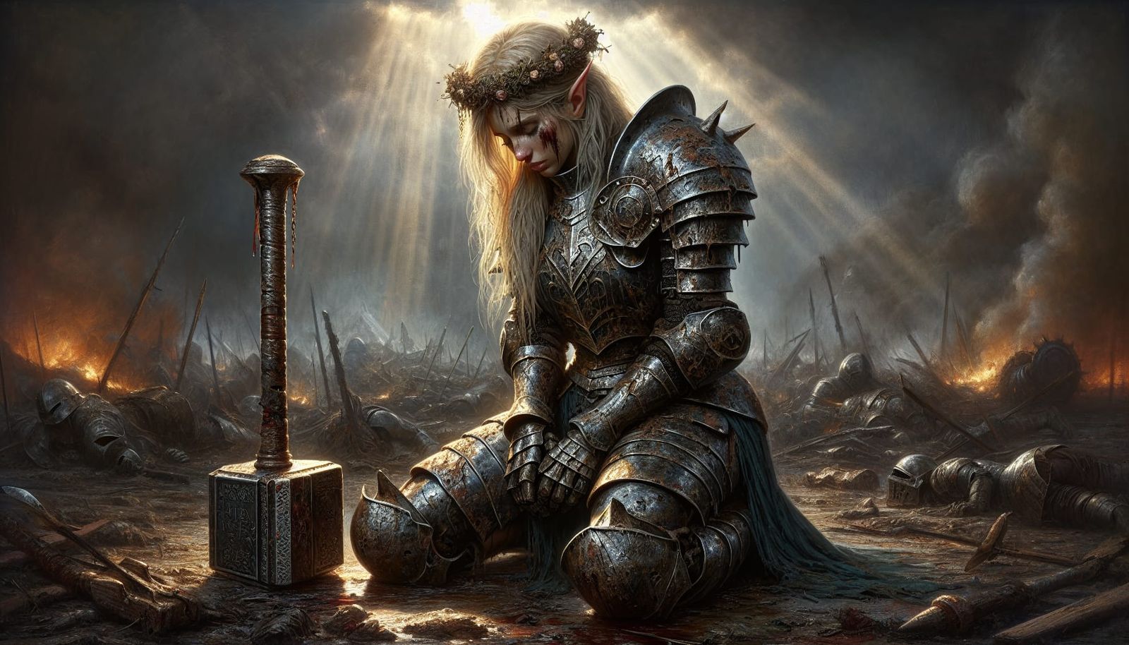 Weary Heroine in Dark Fantasy Oil Painting
