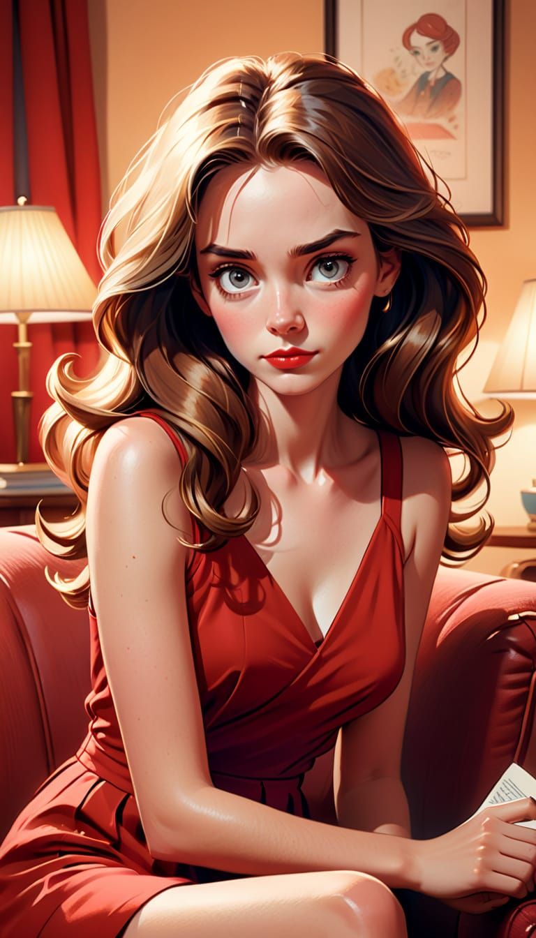 Whimsical Portrait of a Young Woman in a Red Dress