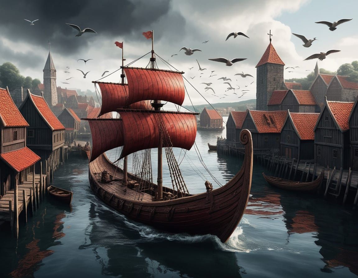 Medieval Viking Longship Enters Bustling Port in Atmospheric...