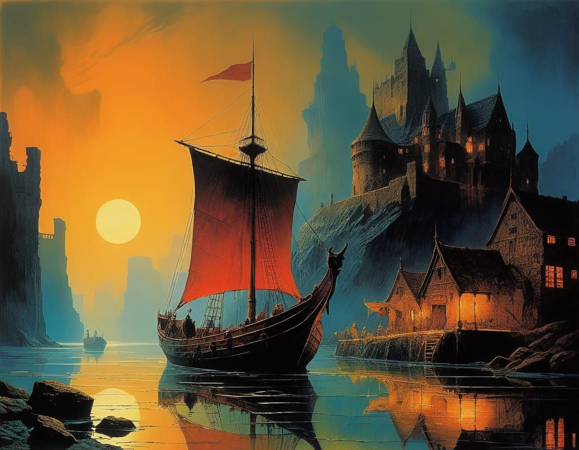 Majestic Longship Approaches Medieval Port in Dramatic Style