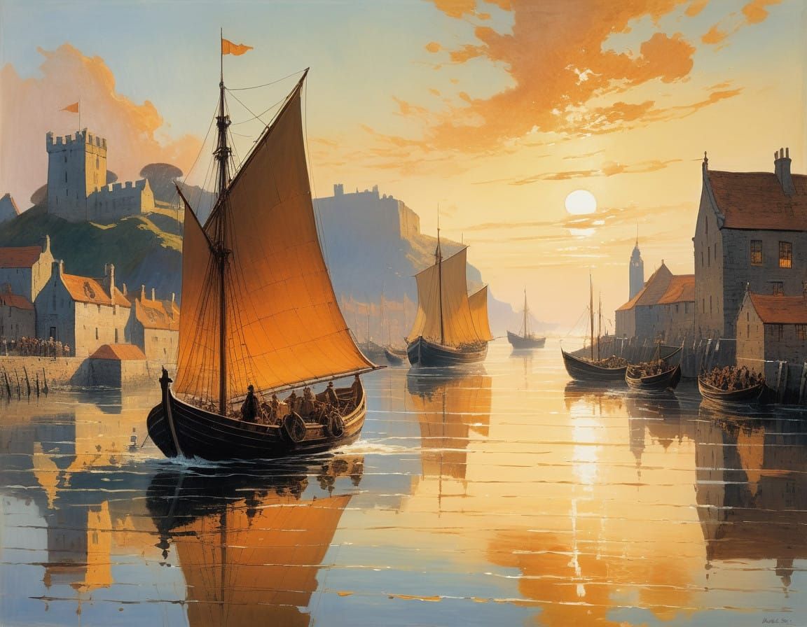 Viking Longship Enters Medieval Harbor