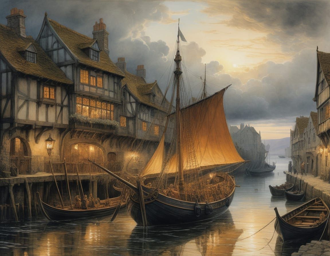 Vibrant Medieval Longship Sails into Bustling Port under Sun...