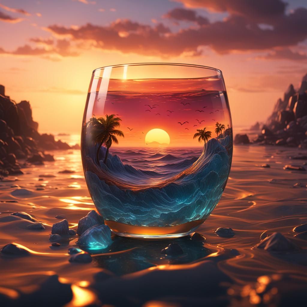 Ocean Sunset Reflected in Glass: Detailed Matte Painting