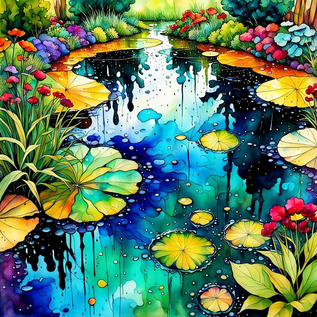 Alcohol Ink Rain Puddles in Summer Garden